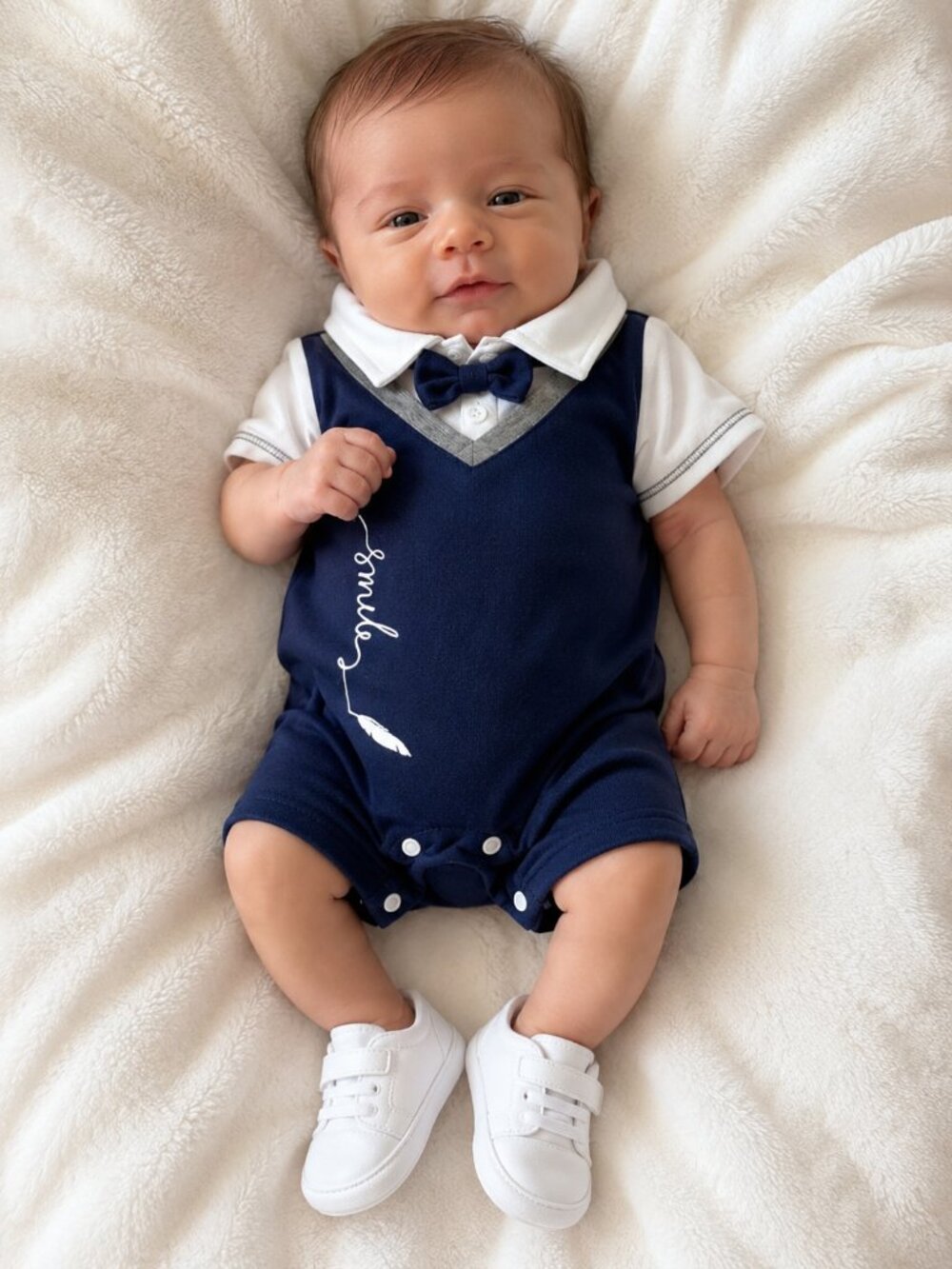 Boutique Baby Boy Navy Blue Dress Romper 18–24M | Faux Vest Bow Tie One-Piece Ou